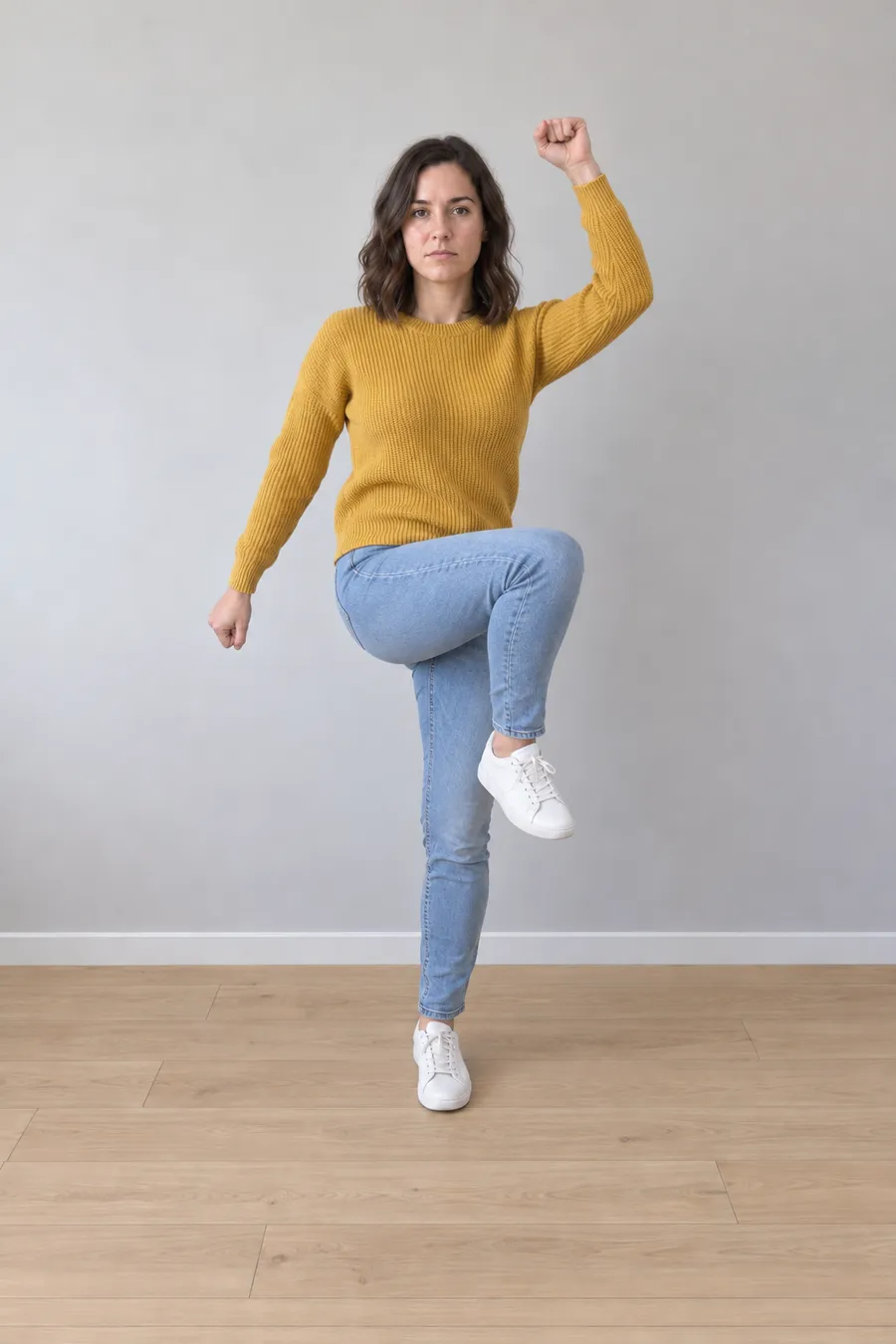 AI-generated still of the solo dancer mid-hop